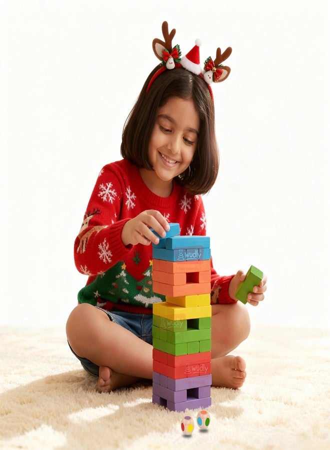 WUDLY® Colorful Wooden Stacking Tower Game for Kids & Adults - Montessori Tumbling Blocks with Dice - Educational Fun Toy for Family & Party (Color) - Image 1